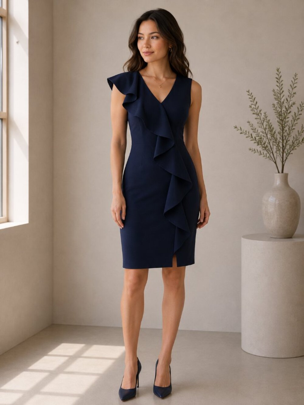 Eliza J Navy Ruffle Sheath Cocktail Dress Sleeveless Wedding Guest US 14 0590